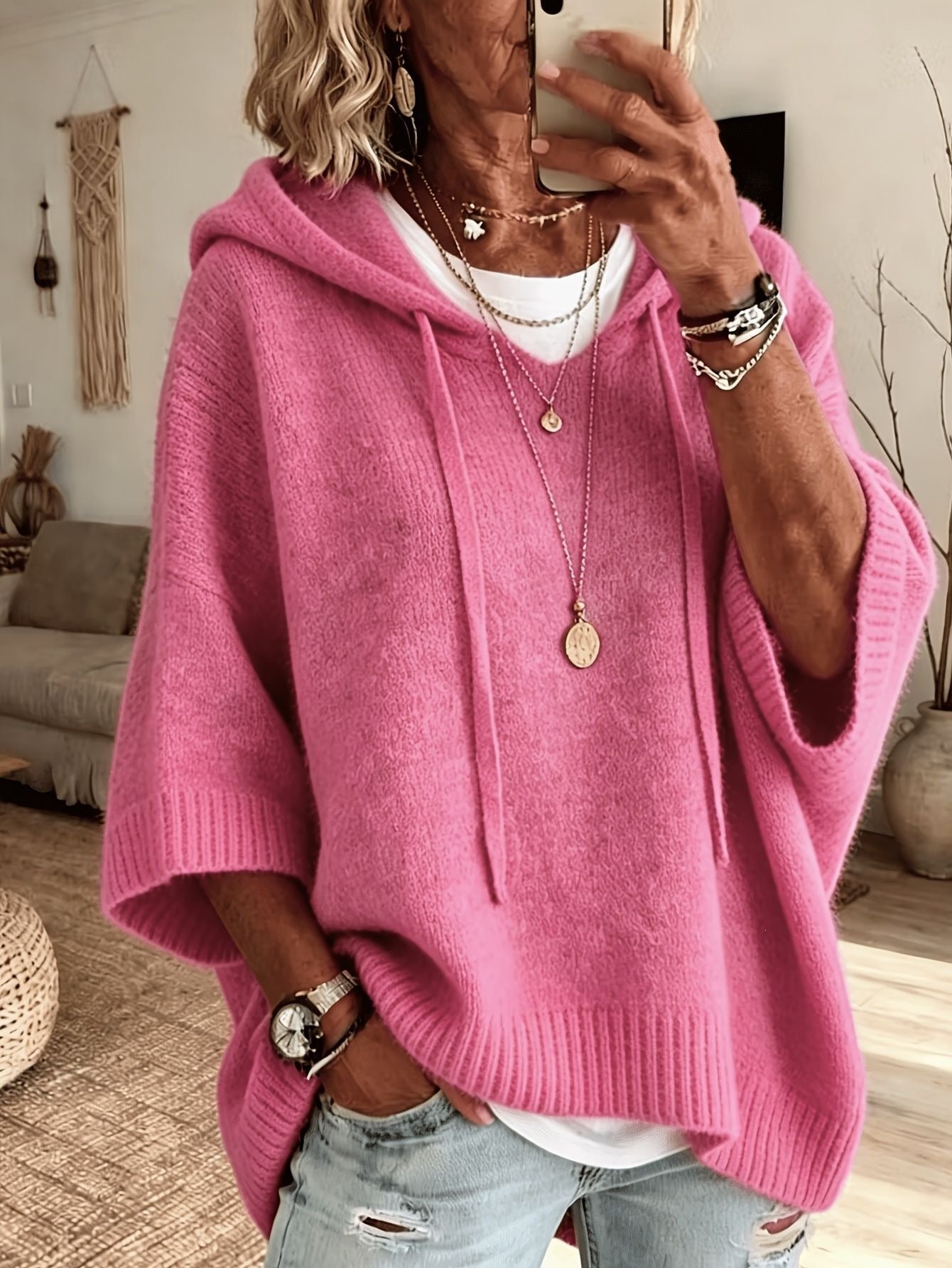 Women's Knitted Hooded Drawstring Woolen Outer Wear Sweaters