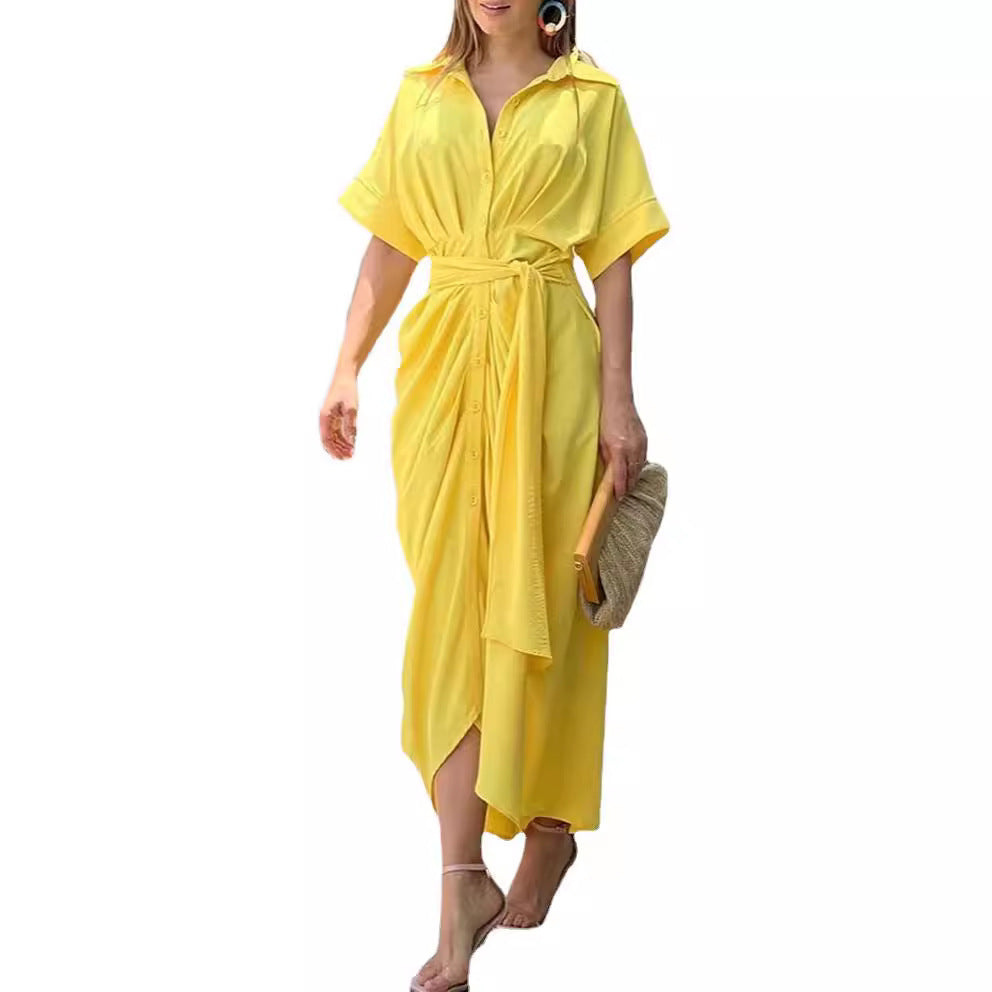 Women's Mid-length Sleeve Single-breasted High Waist Shirt Dresses