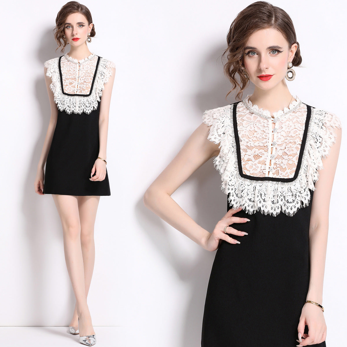 Collar Water Soluble Lace Rhinestone Sleeveless Color-matching Dresses