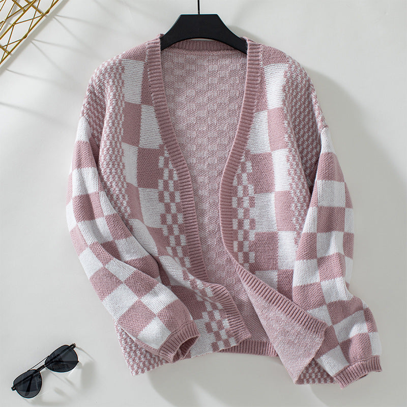 Women's Contrast Color Check Casual Loose Lantern Sleeve Sweaters