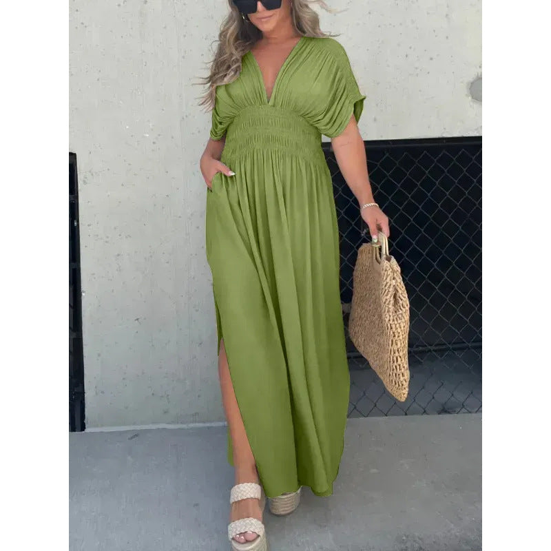 Color Bat Sleeve Elastic Waisted Slimming Dresses