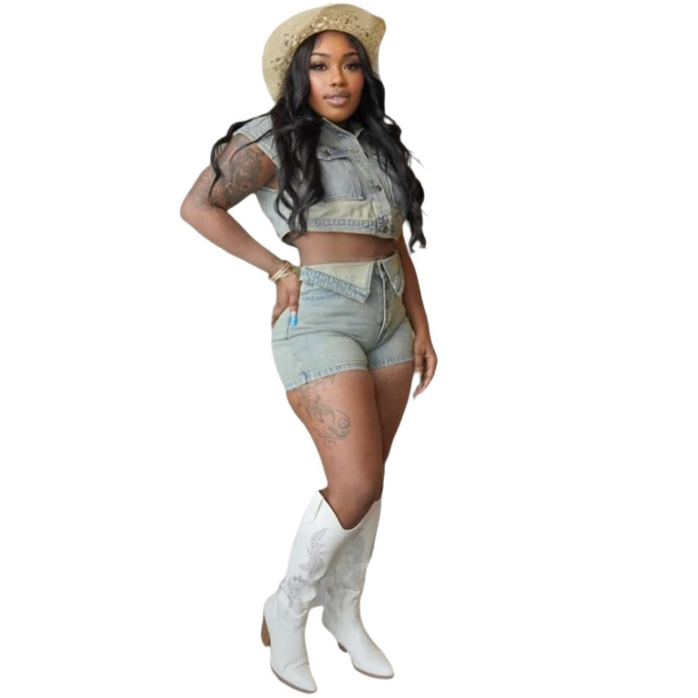 Women's Leisure Washed-out Color Matching Short-sleeved Flanging Suits