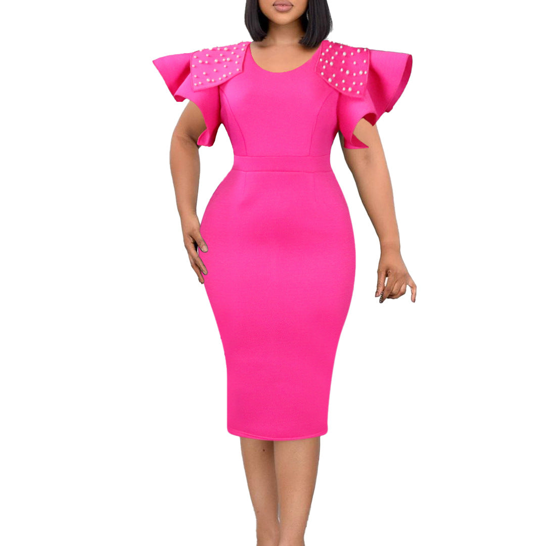 Women's Round Neck Ruffle Sleeve Slit Beaded Plus Size