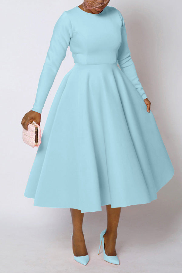 Women's Solid Color Long Sleeve Round Neck Dresses