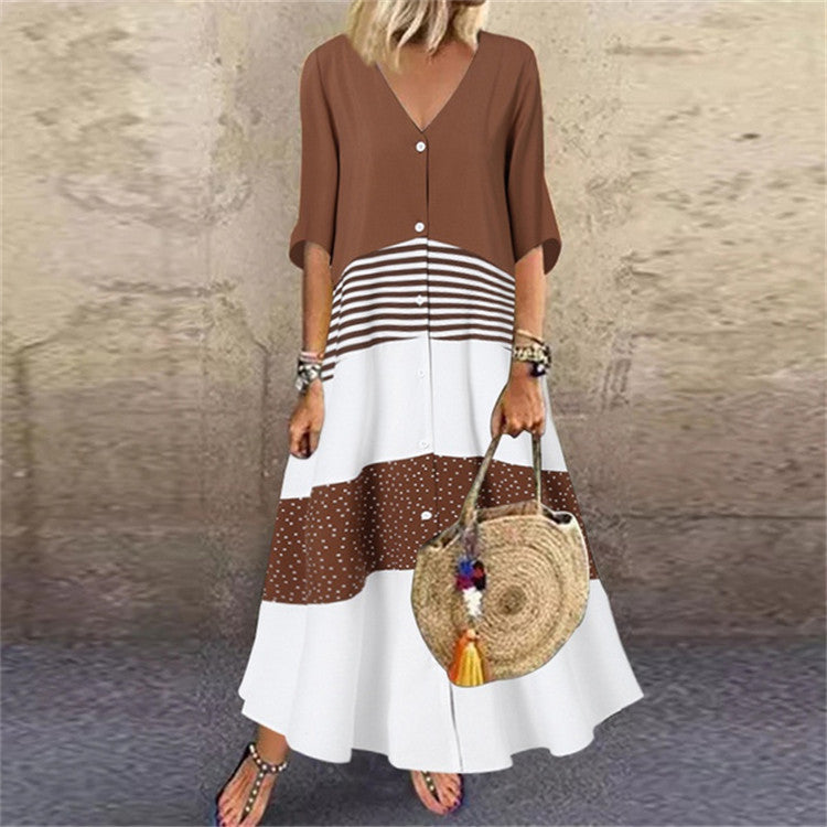 Summer Sleeve Printed Long Dress Button Dresses