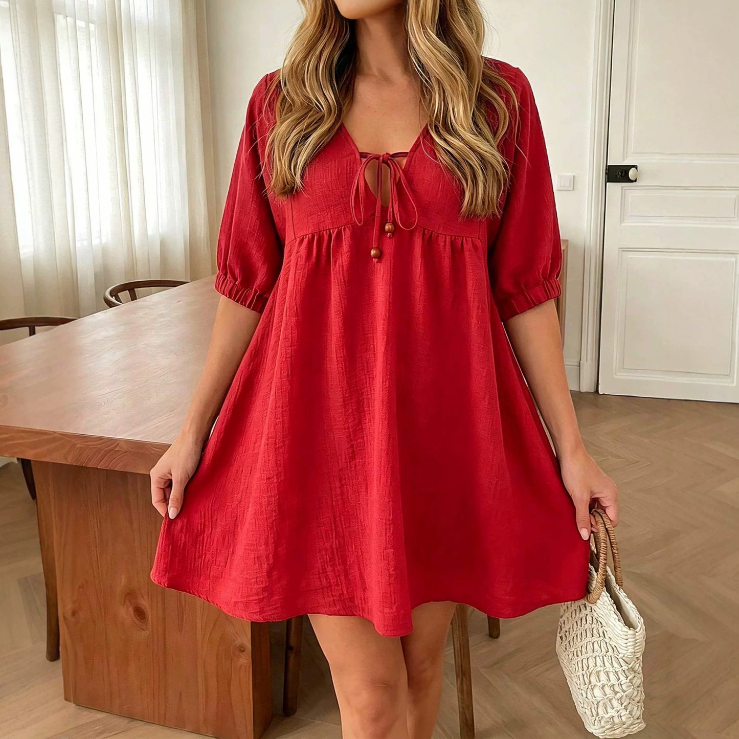 Women's Collar Bow Puff Sleeve Lantern Pleated Ruffled Hem Dress