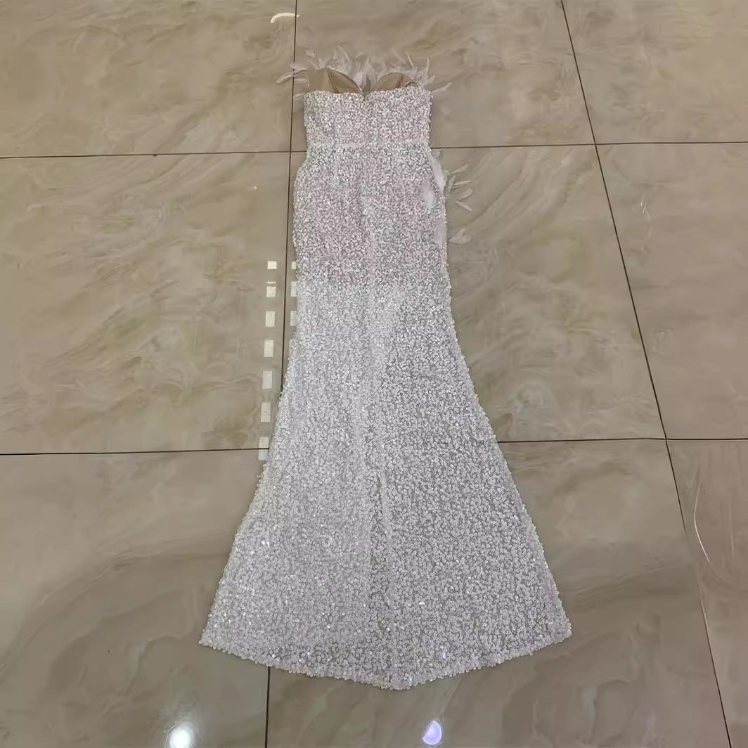 Gorgeous Feather Sequins Beaded High Slit White Tube Dresses