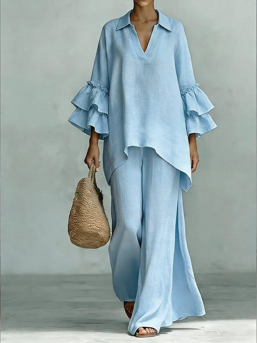 Women's Solid Color Shirt Collar Loose Trousers Fashion Casual Suit