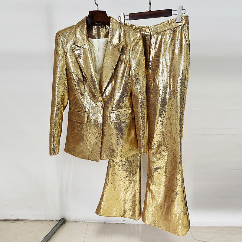 Fashionable Golden Sequined Trousers Two-piece Set Fashion Casual Suit