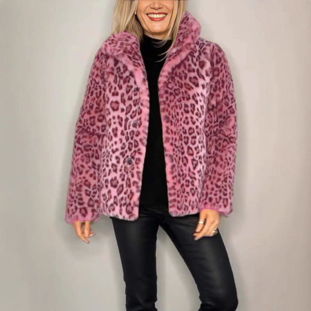 Women's Winter Fashionable Leopard Print Lapel Imitation Coats