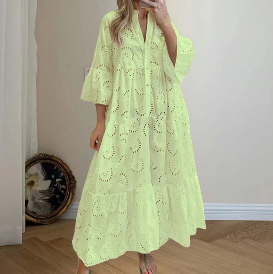 Women's Elegant Puff Sleeve Solid Color Hollow Loose Dresses