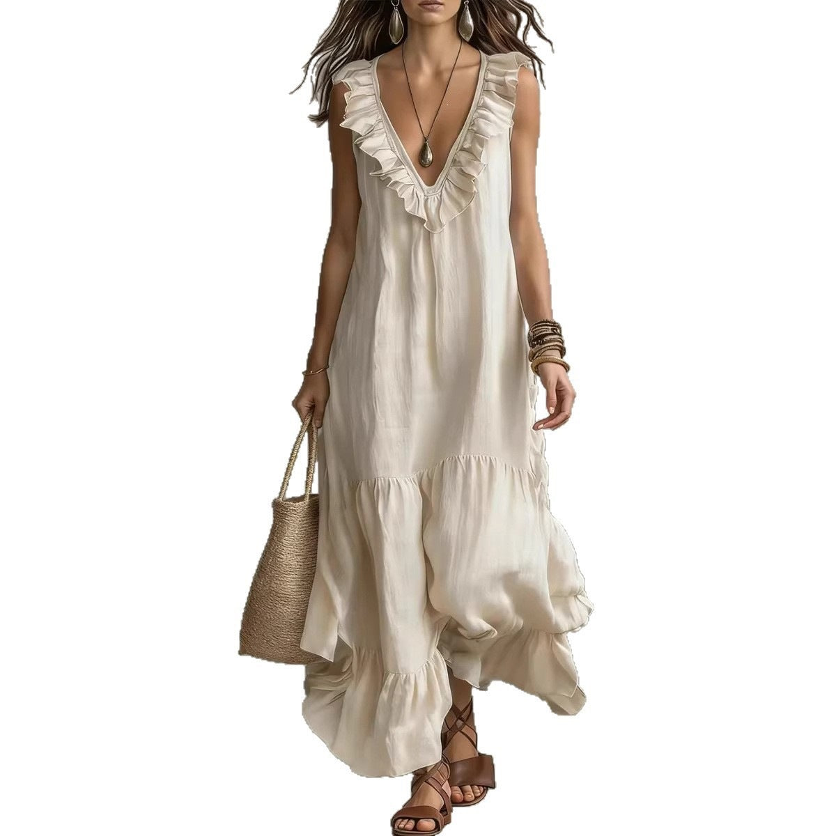 Women's Solid Color Sleeveless Cotton Linen Swing Dress