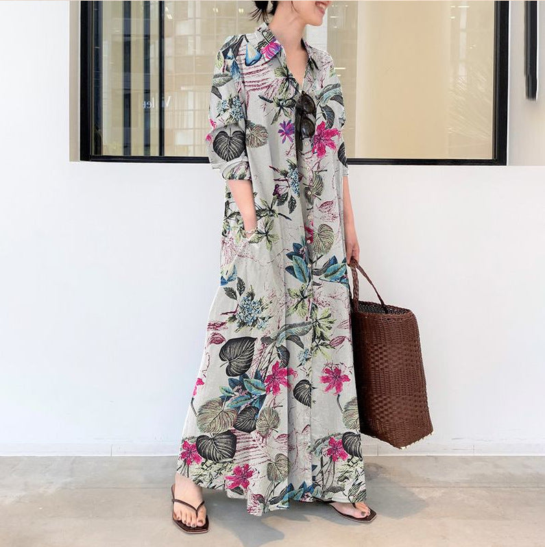 Style Cotton Linen Printing Lapel Long Sleeve Pocket Simple Dress