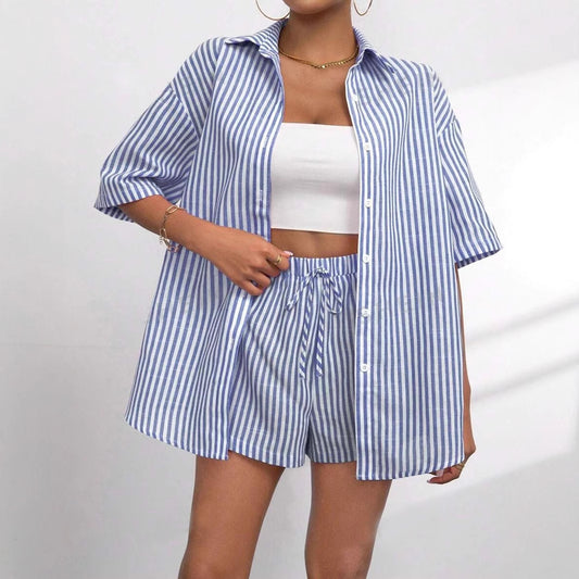 Lapel Casual Striped Sleeve Two-piece Set Pants