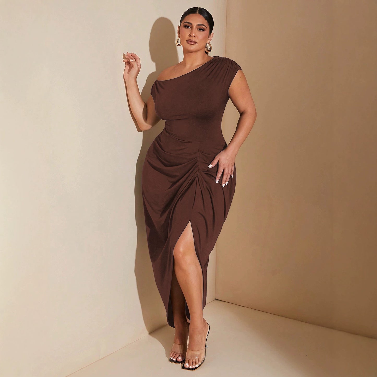 Women's Summer Solid Color Diagonal Collar Fitted Waist Pleated Dress