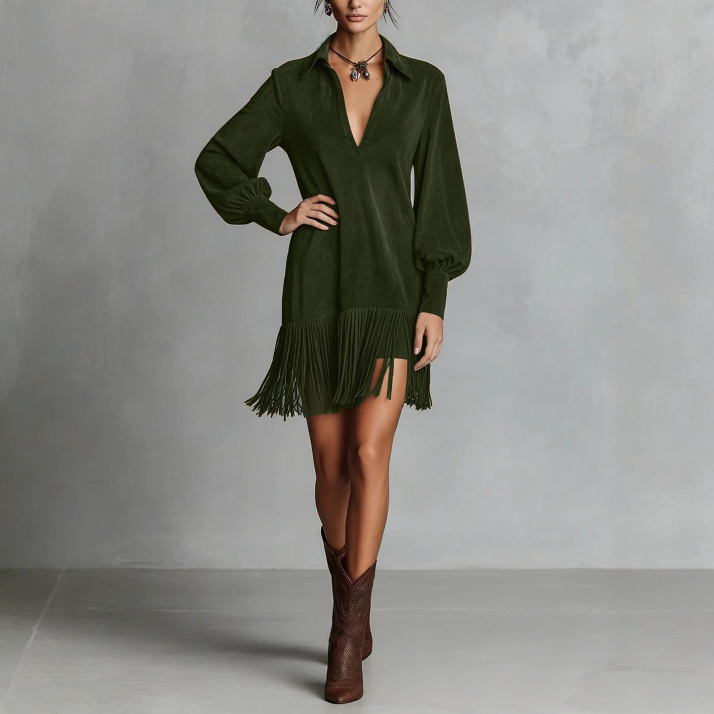 Women's Faux Suede Lapel Zipper Fashion Fringed Dress