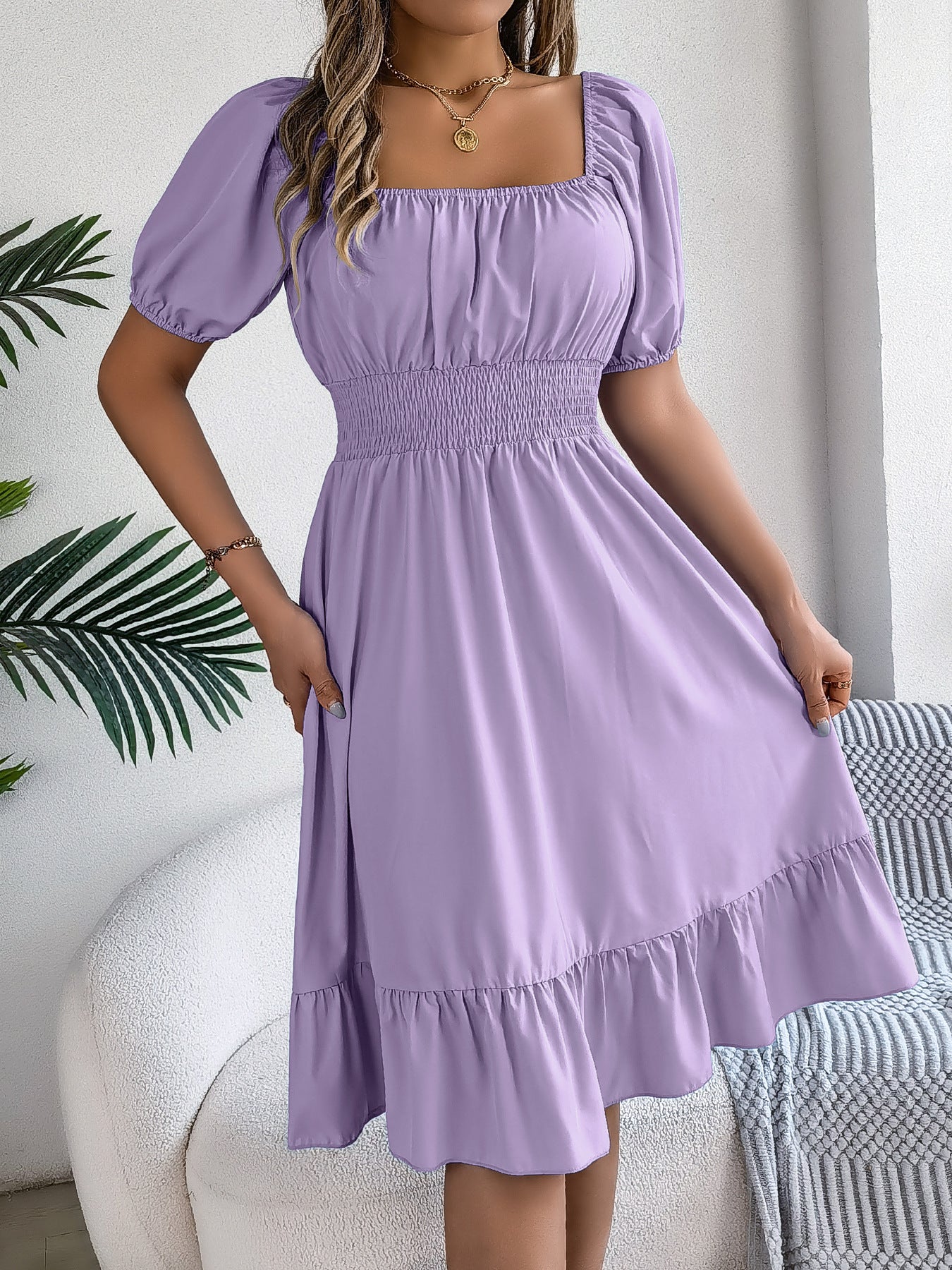 Women's Casual Square Collar Sleeve Waist Trimming Ruffles A- Dress