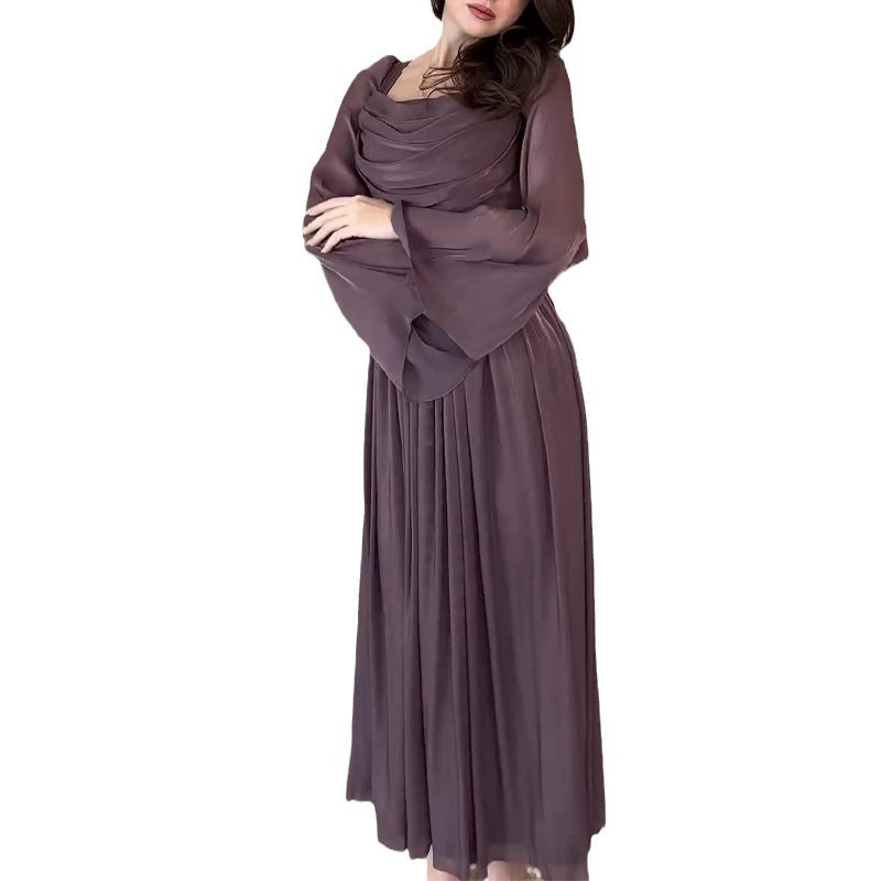 Women's Autumn French Square Collar Pleated Slim Dresses