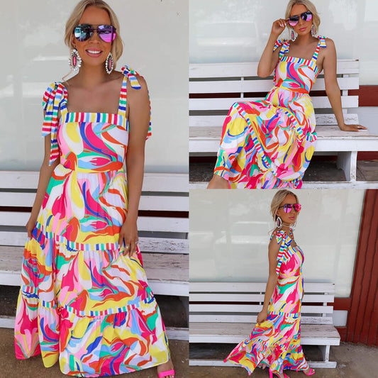 Holiday Floral Print Sling Stitching Big Dresses