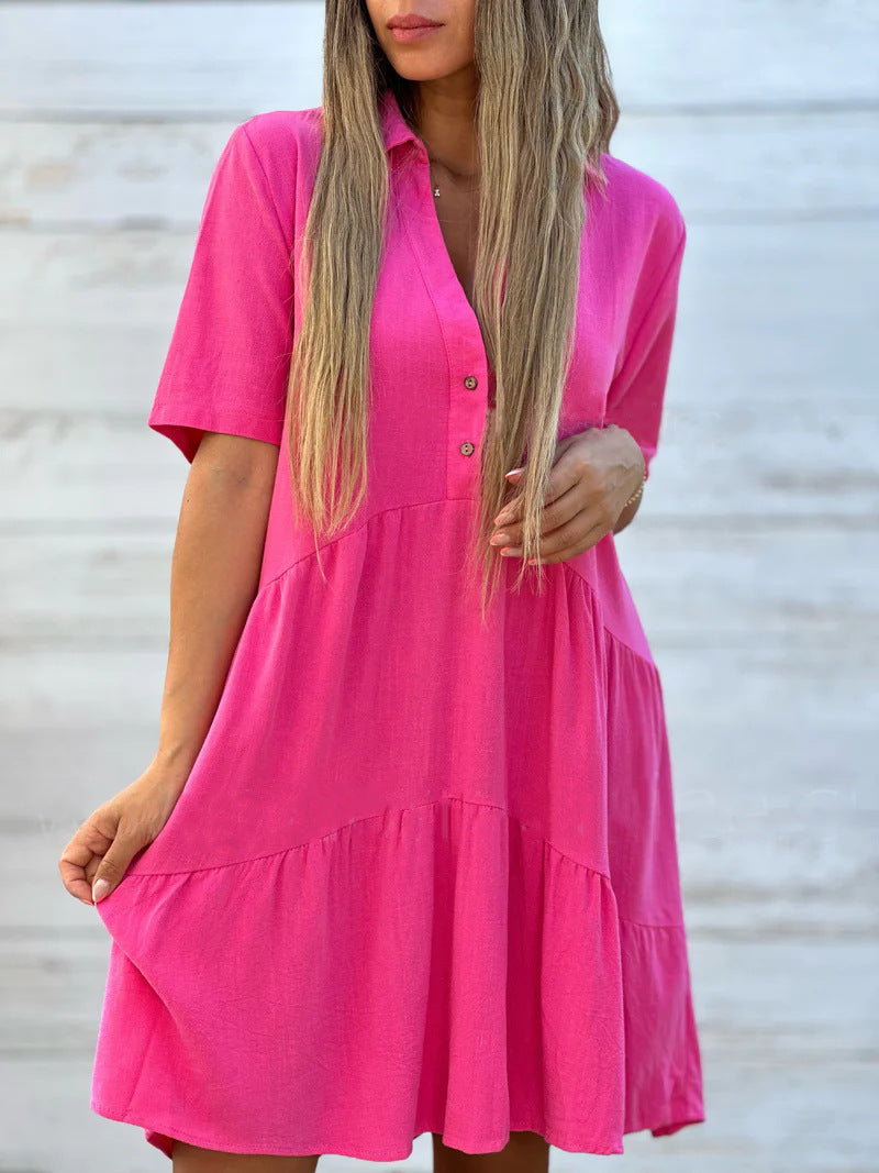 Women's Loose Solid Color Polo Collar Casual Sleeve Dress