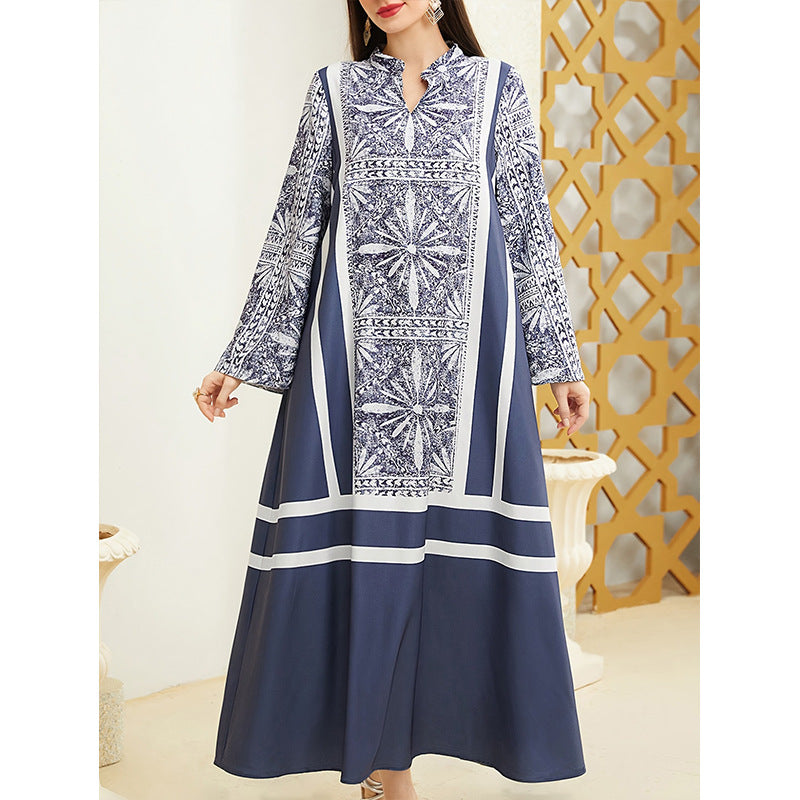 Women's Patchwork Contrast Color Retro Pattern Robe Dress