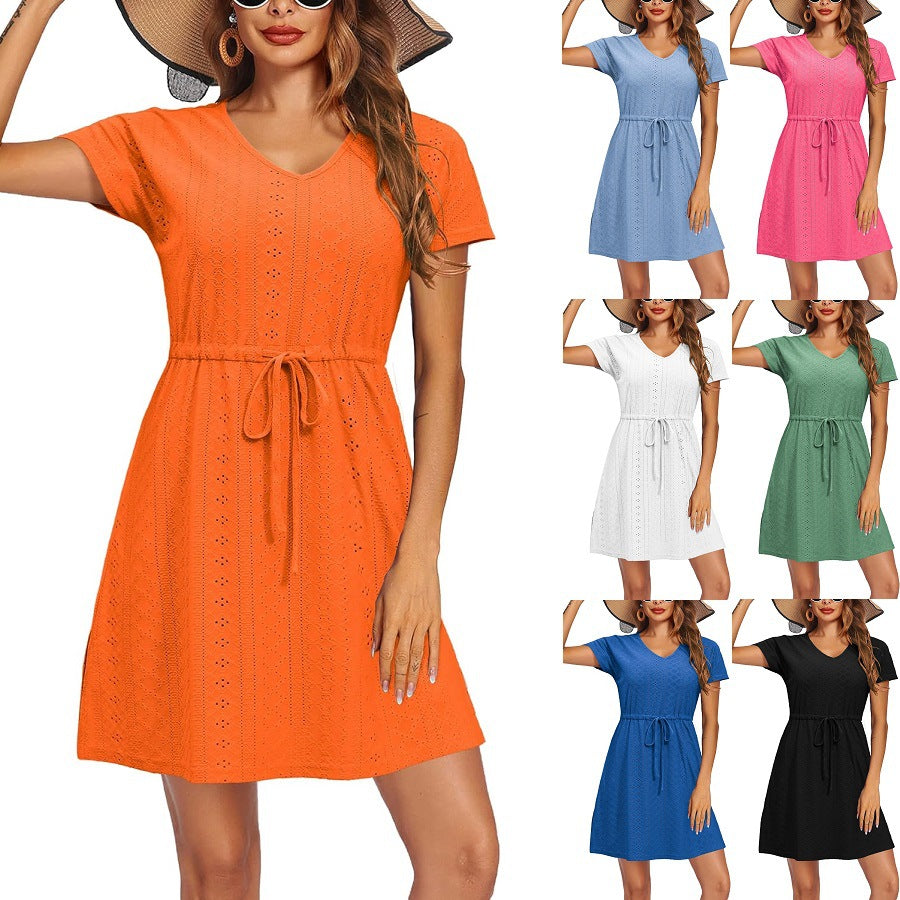 Classic Women's Summer Cinched Short-sleeved Beach Dress