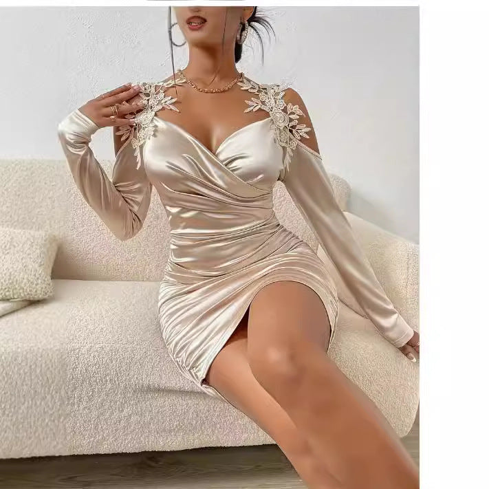 Cool Satin Elegant Lace Tight Draped Dress