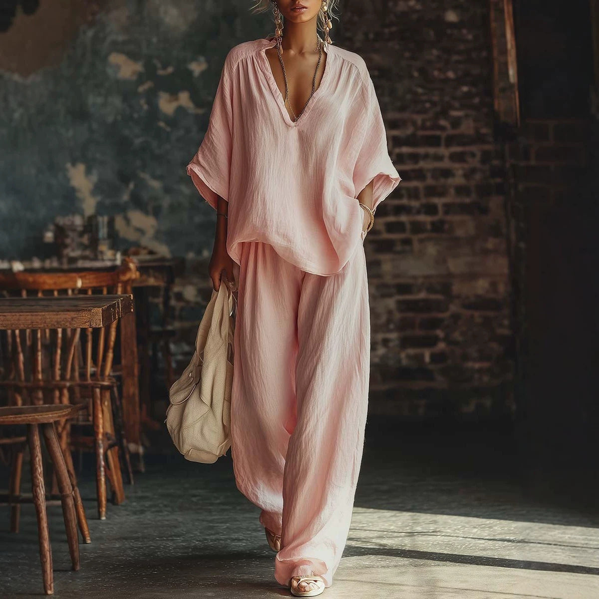 Women's Solid Color Loose Short-sleeved Trousers Two-piece Fashion Casual Suit