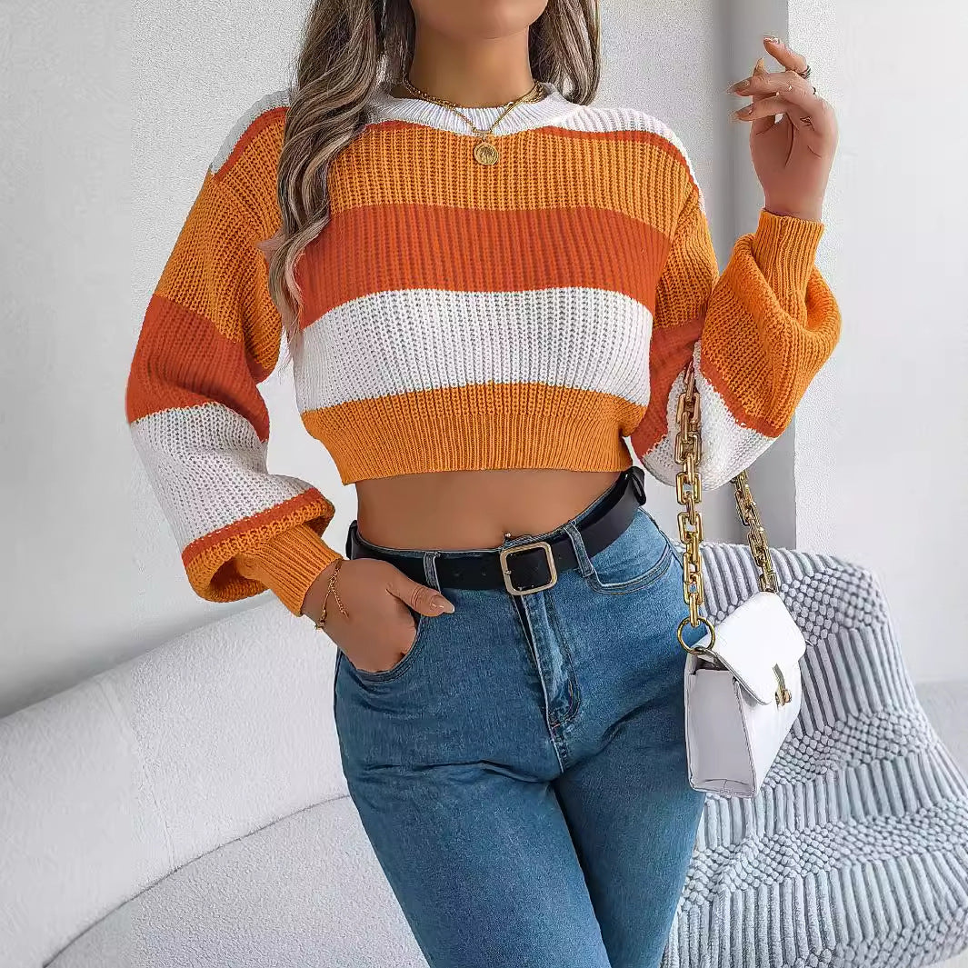 Women's Casual Multicolor Lantern Sleeve Pullover Sweater