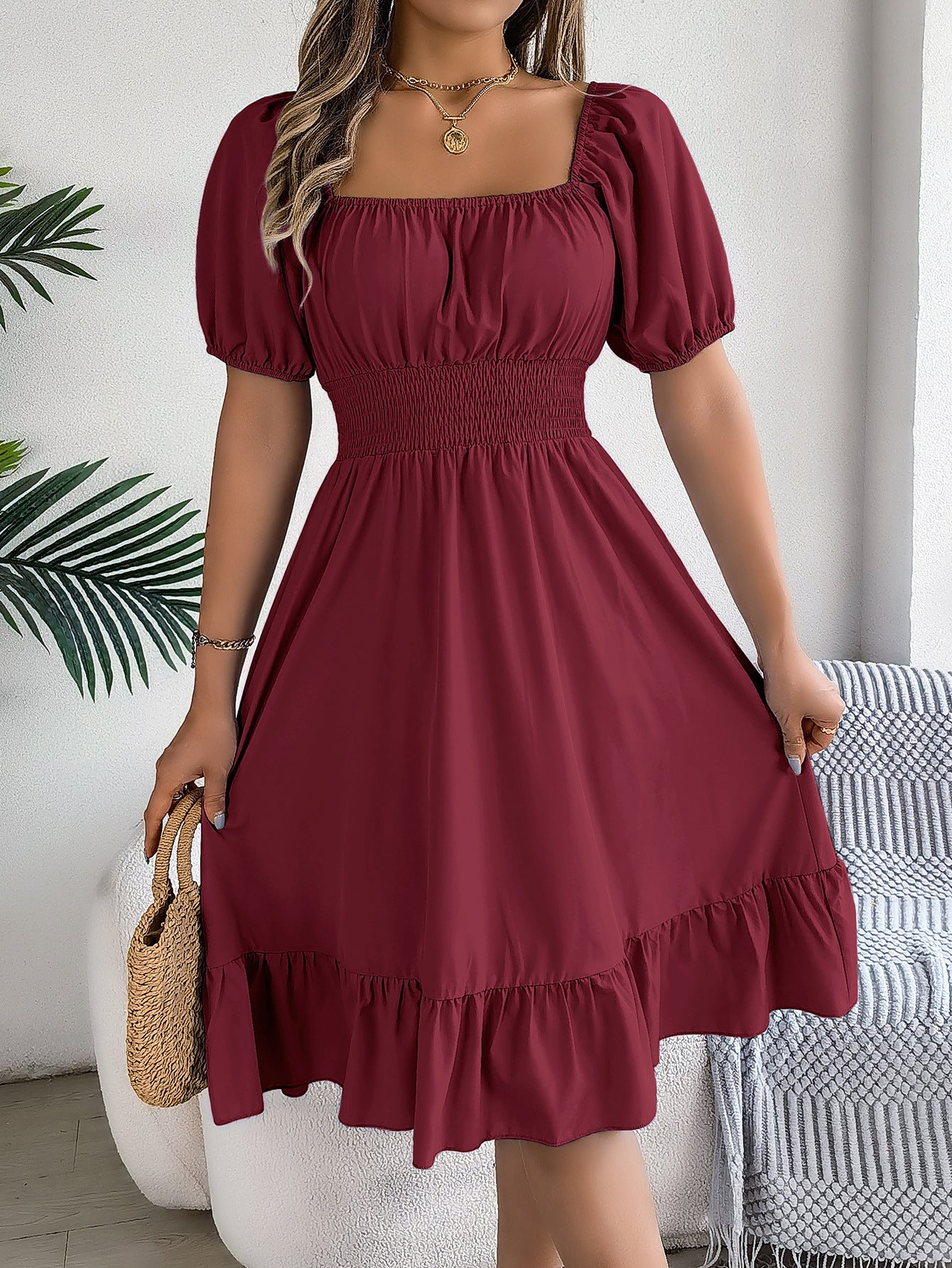Women's Casual Square Collar Sleeve Waist Trimming Ruffles A- Dress