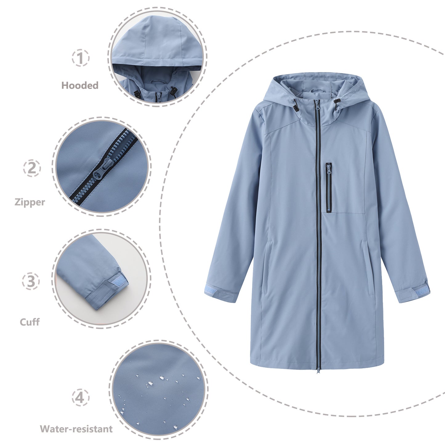 Women's Waterproof Windbreaker Hooded Long Sleeve Loose Coats