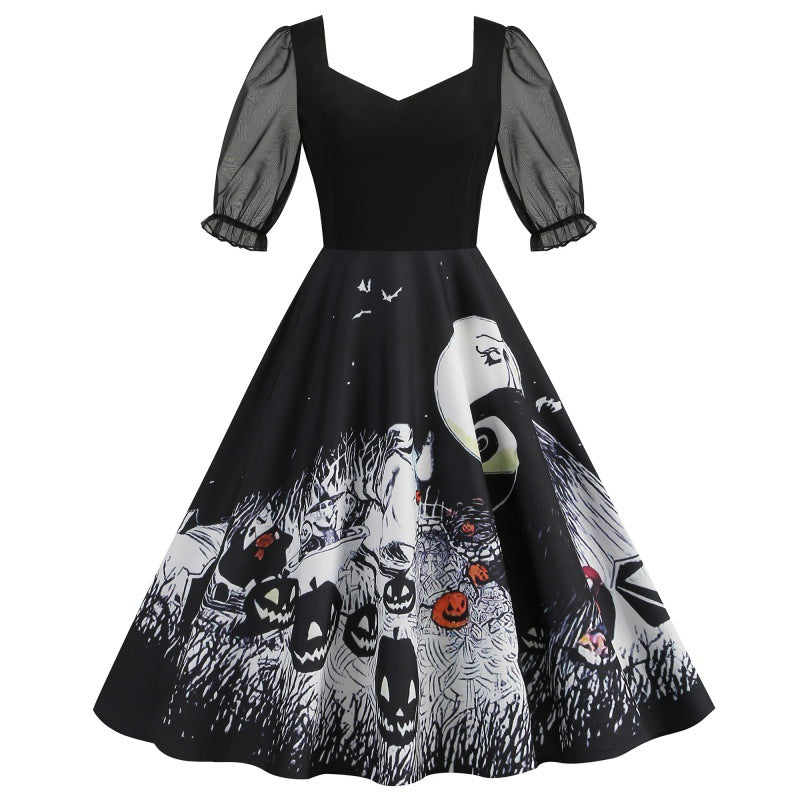 Mesh Stitching Half Sleeve Sexy Retro Printed Large Dress