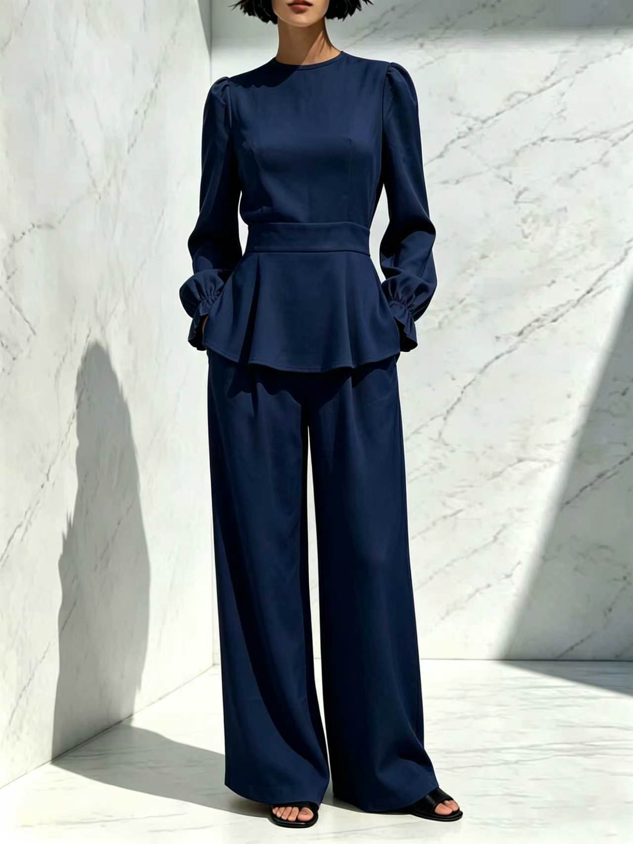 Long Sleeve Trousers Puff Design Elastic Fashion Casual Suit