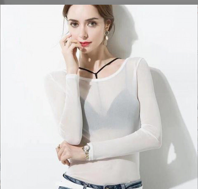 Women's Tight Sexy Mesh Bottoming Shirt Transparent Long Sleeve Blouses