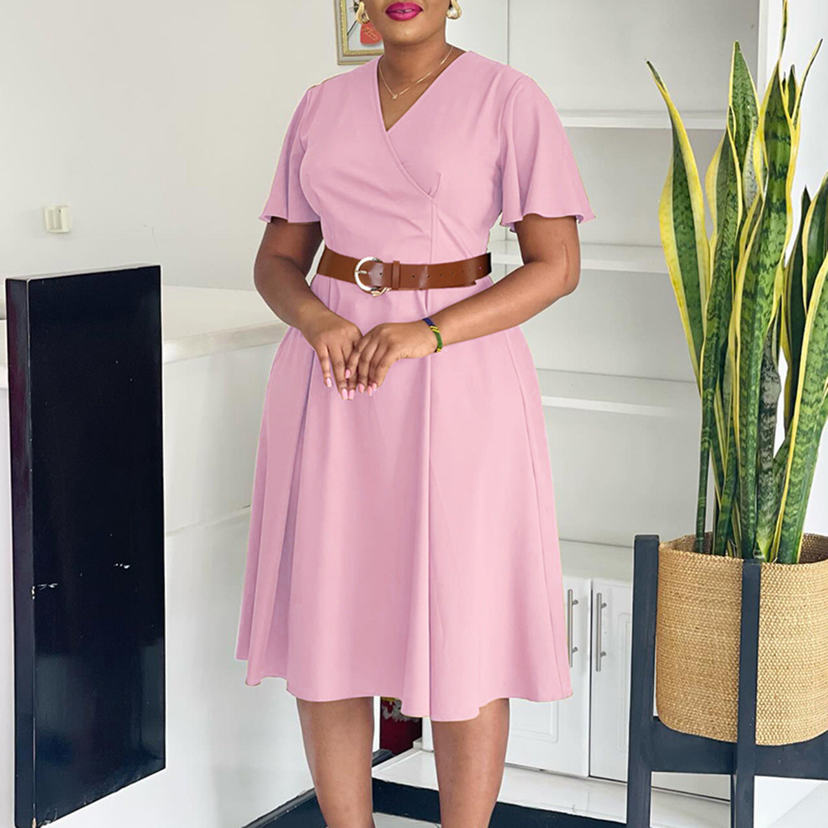 Women's Fashion Elegant Solid Color Flared Sleeves Dress