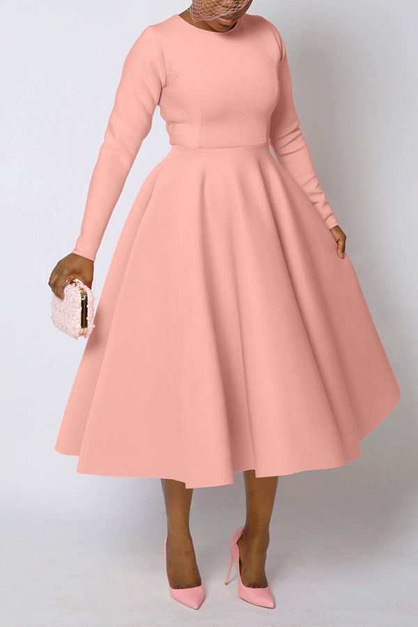 Women's Solid Color Long Sleeve Round Neck Dresses