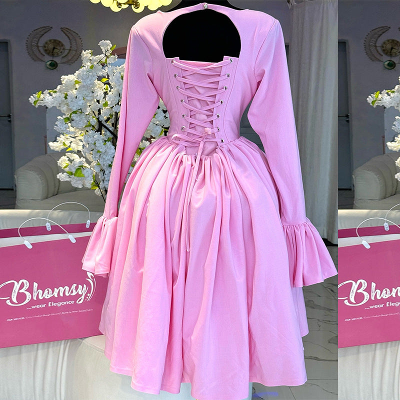 Women's Long Sleeve Tied Lace High Waist A- Dresses