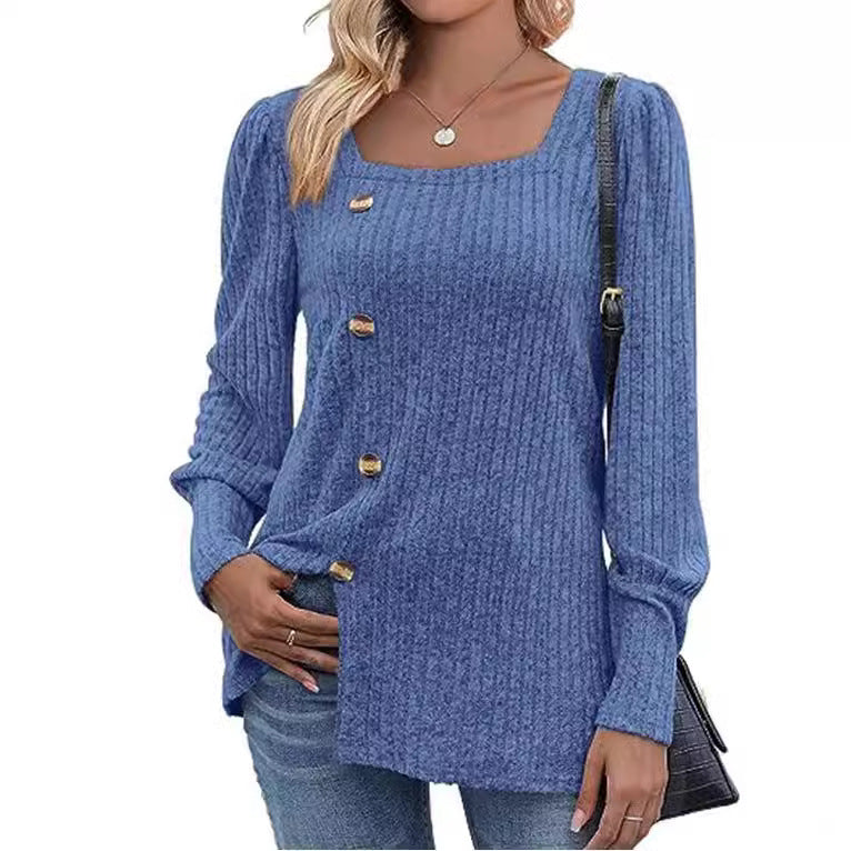 Women's Sunken Stripe Square Collar Bubble Long Sleeve Split Sweater