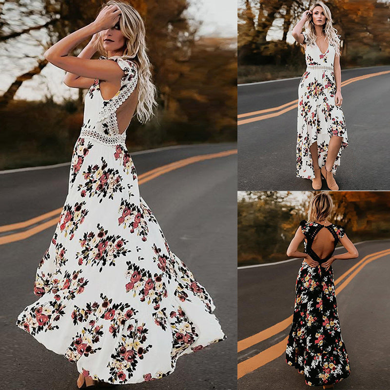 Women's Sleeveless Printed Floral Large Swing Irregular Dovetail Dress