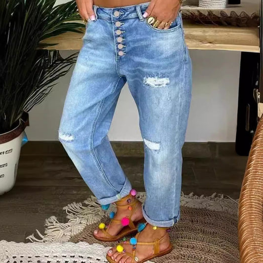 Women's Blue With Holes Loose Straight Casual Jeans