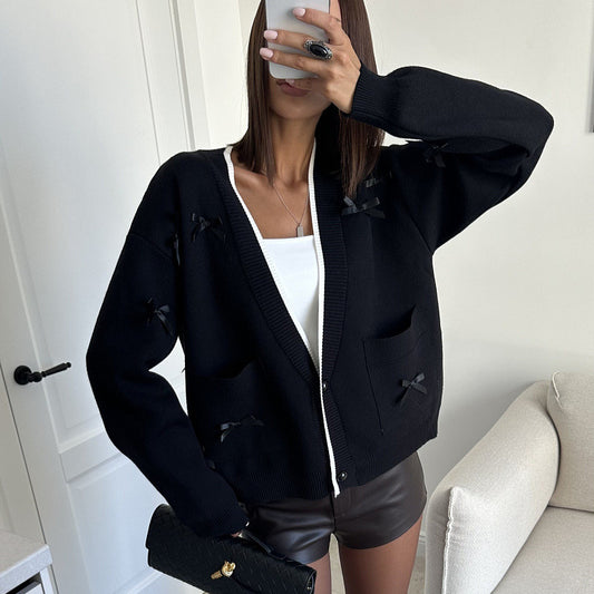 Bow Long Sleeve Loose Contrast Color Sweaters