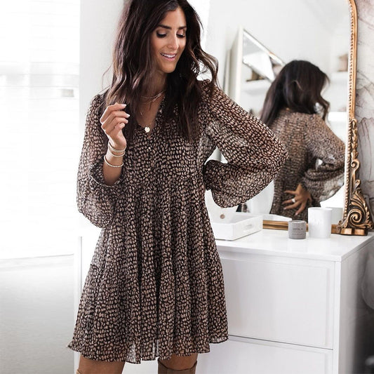 Women's Spring Loose Leopard Print Lantern Sleeve Dresses
