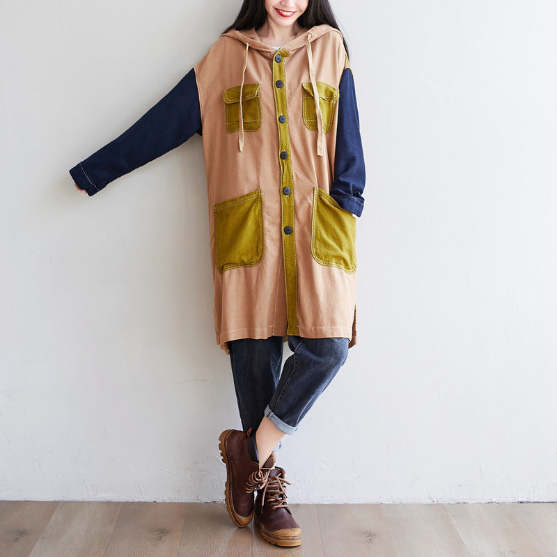Personality Mid-length Hooded Loose Large Contrast Coats
