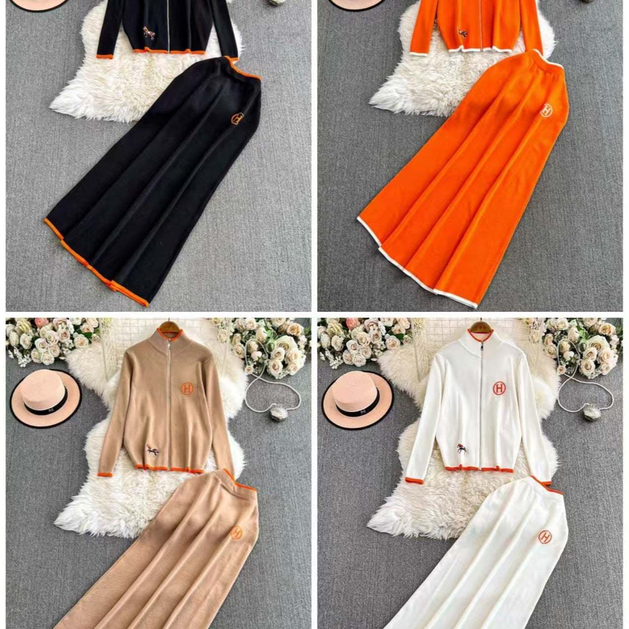 Women's Zipper Embroidered Long-sleeved Two-piece High Waist Suits