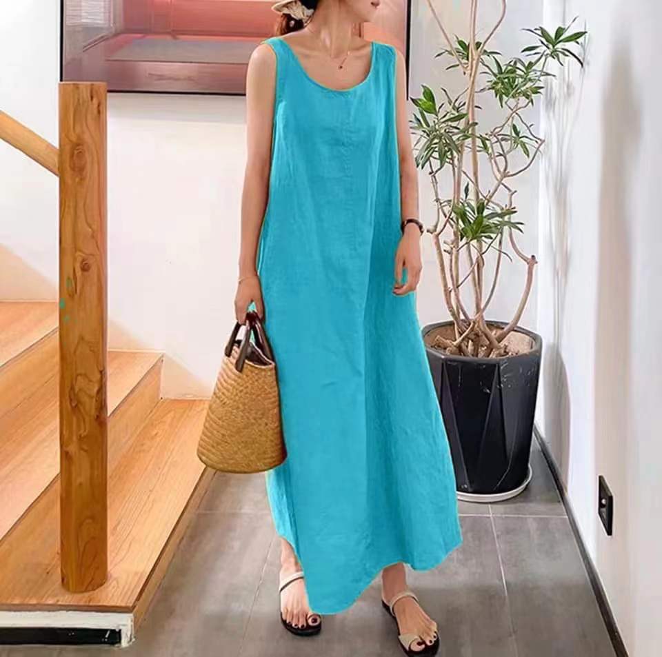Women's Loose Pockets Round Neck Elegance Sleeveless Dresses