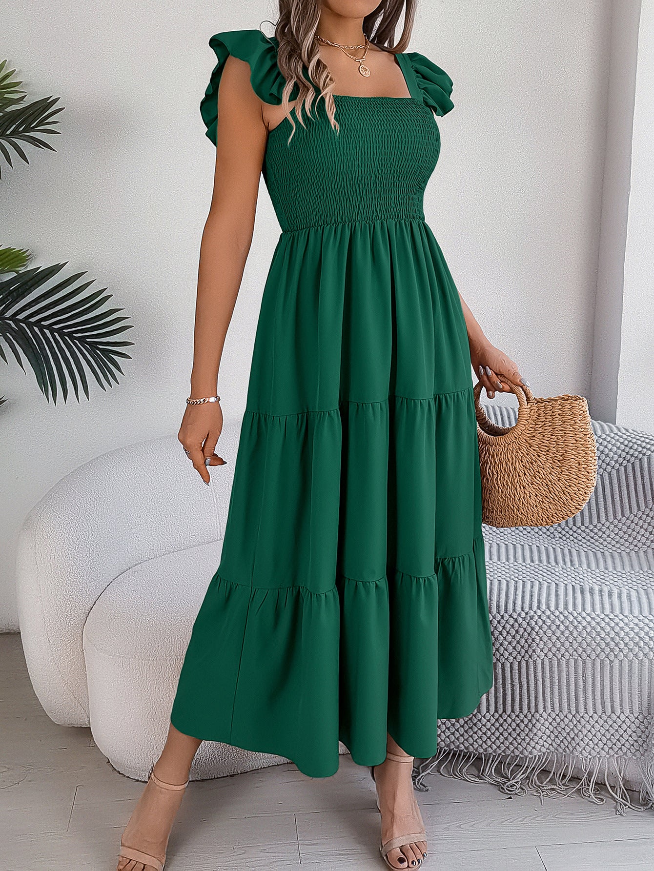 Women's Color Square Collar Wooden Ear Waist Dress