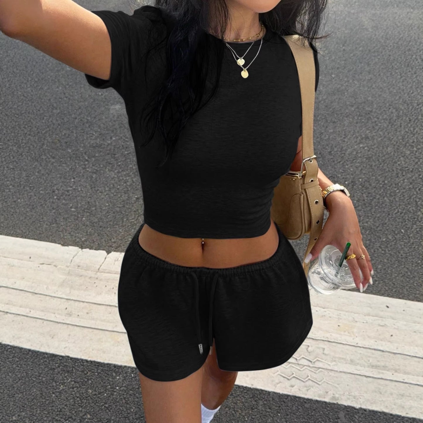 Women's Slim Fit Waist Cropped Short-sleeved Drawstring Fashion Casual Suit