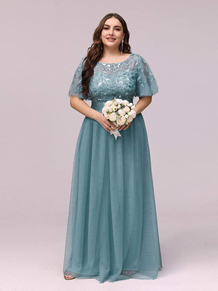 Women's Quality Elastic Waist Patchwork Round Neck Evening Dresses