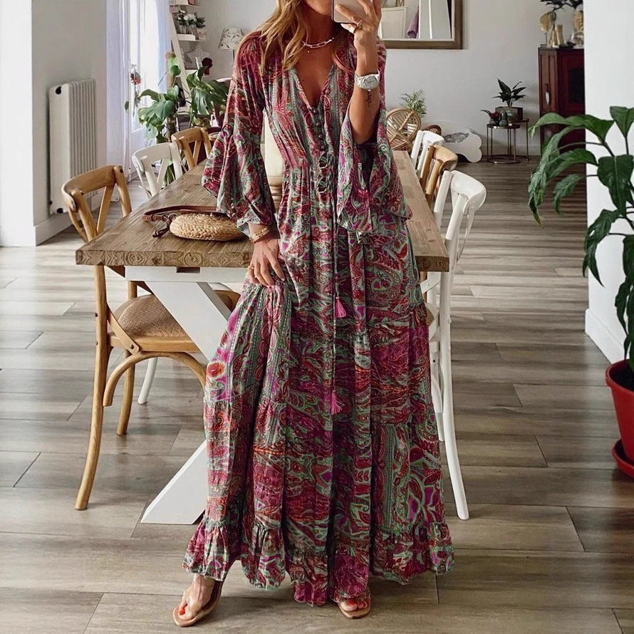Bohemian Flare Sleeve Printed High Waist Holiday Dress
