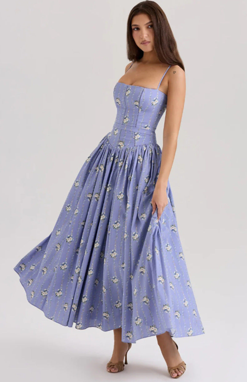 Elegant Gentle Slimming Floral Strap Dress Dresses